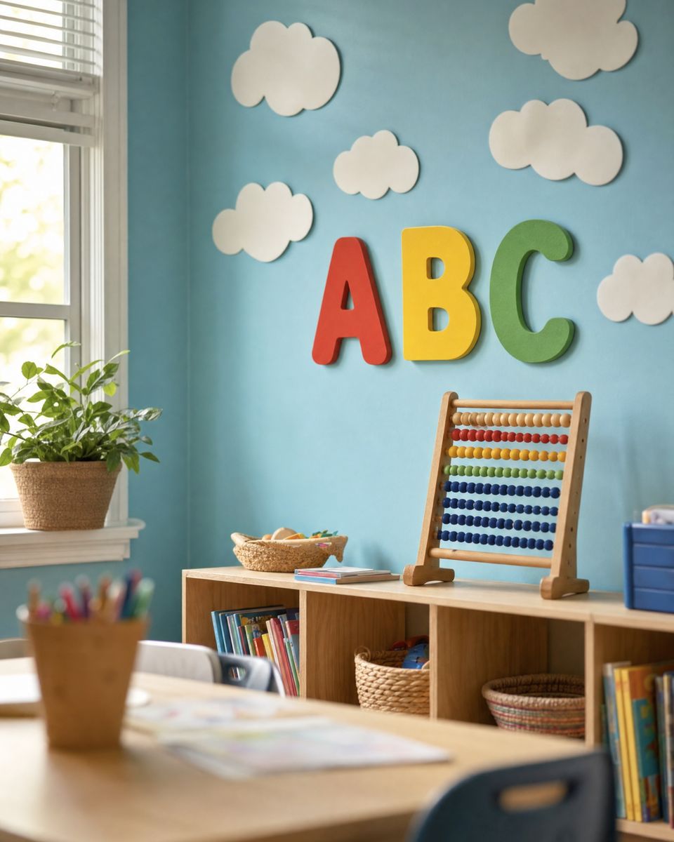 Classroom corner with big colourful ABC letters on a sky-blue wall, white cloud decals and a wooden abacus on a low shelf
