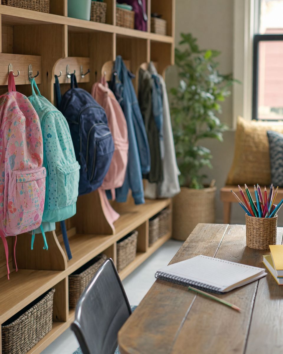 School-age cubbies with colourful backpacks on hooks beside a homework table with pencils