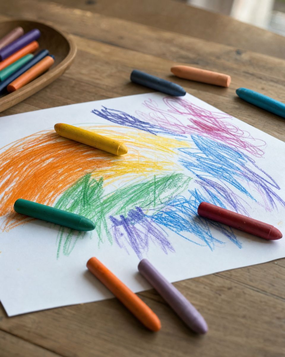 A child's hands colouring on white paper with chunky crayons, a rainbow of crayons scattered on the table