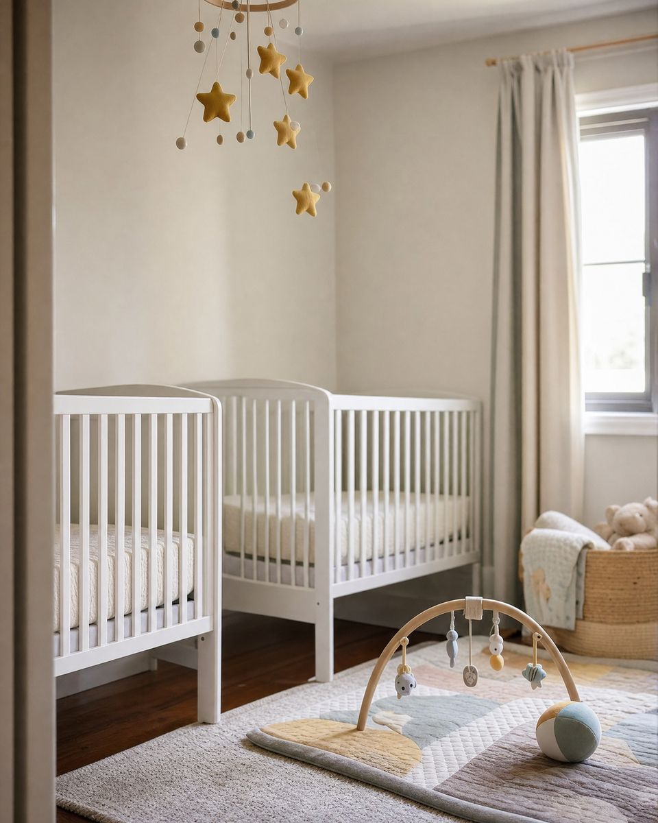 Calm infant room with white cribs, a soft play mat and a mobile of yellow stars