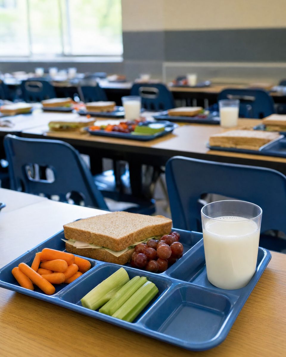 Lunch table set with trays of fruit, vegetables and sandwiches and cups of milk